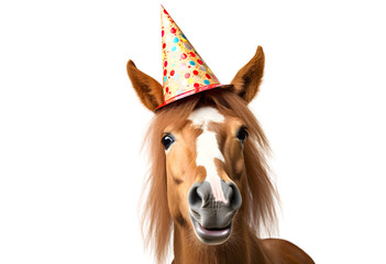 funny horse wearing a birthday hat on transparent background PNG