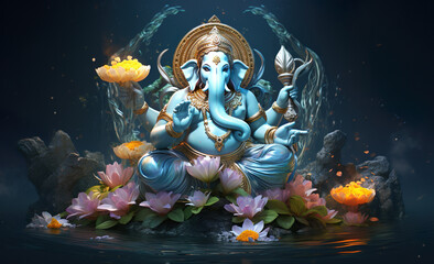 Lord ganesha sculpture on nature background. Ganesh Chaturthi greetings. Generative Ai - obrazy, fototapety, plakaty