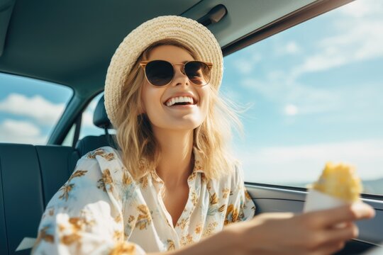 Happy woman enjoying summer vacation on road trip, AI Generative