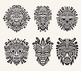 Creative vector set of ancient tribal masks. Indian, Aztec, African, Mayan, historic, tribal, native illustrations. - 621066858