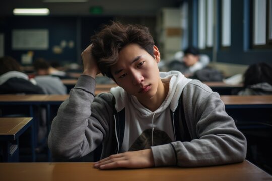 bored asian student sleeping on his desk in the school classroom. holding his head with his hand. Generative AI