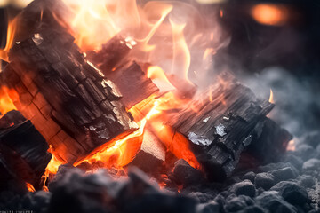 Hot coals in the fire. Burning charcoal coals from a fire as background.


