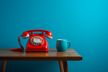red telephone on wooden table - obrazy, fototapety, plakaty