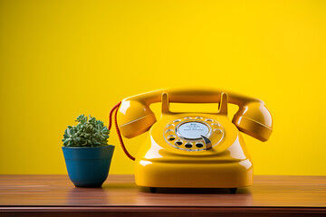 yellow telephone on wooden table