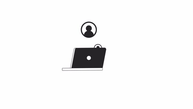 Laptop with default users icons bw 2D animation. Notebook profiles. Communication system 4K video motion graphic. Social network monochrome outline animated cartoon flat concept, white background