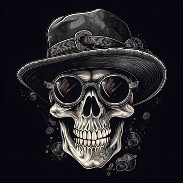 Skull with hat, rock roll style, Generative AI