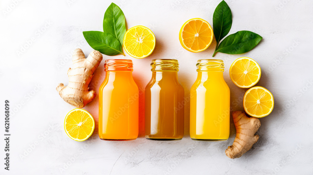 Poster bottles of ginger and lemon juice on light background. top view. generative ai