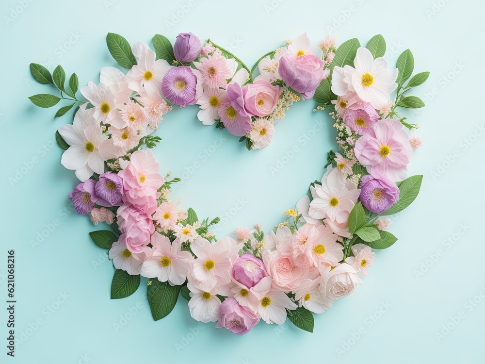Poster creative spring frame in heart shape made of flowers. ai generative