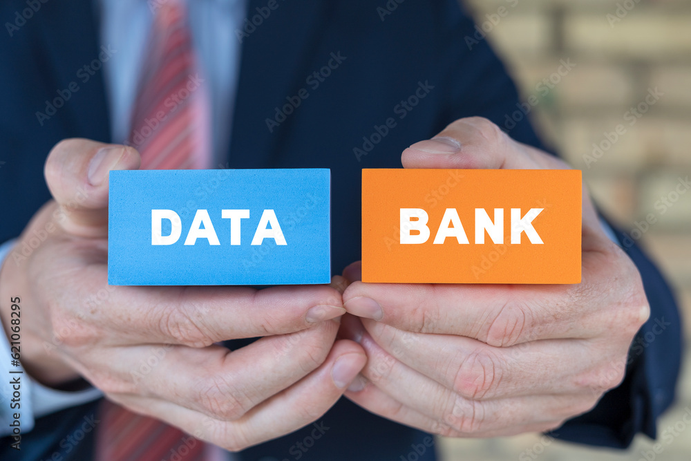 Poster business man holding colorful blocks with inscription: data bank. concept of data bank. managing a f