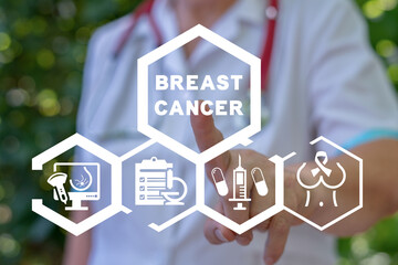 Female oncologist using virtual touch screen sees inscription: BREAST CANCER. Medical concept of breast cancer awareness. Women's testing and breast cancer diagnosis.