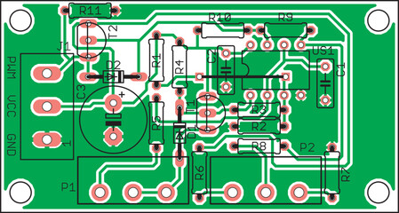 Vector printed circuit board of an electronic 
device with components of radio elements, 
conductors and contact pads placed on it. 
Engineering drawing.