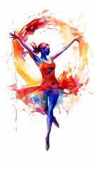 Watercolor abstract representation of rhythmic gymnastics. Rhythmic gymnastics player in action during colorful paint splash, isolated on white background. AI generated. - obrazy, fototapety, plakaty