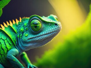 Fototapeta premium Green colored chameleon closeup bright image. ai generative
