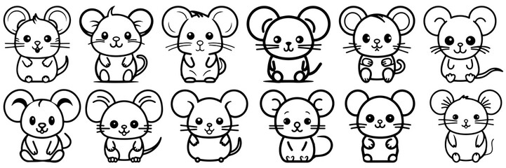 Kawaii mouse silhouettes set, large pack of vector silhouette design, isolated white background