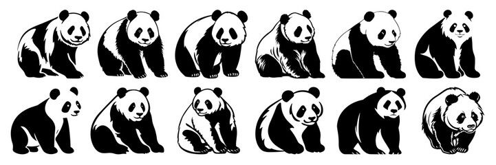 Panda silhouettes set, large pack of vector silhouette design, isolated white background © FutureFFX