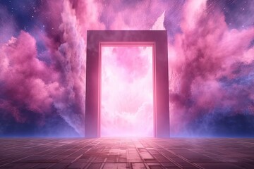 Fototapeta na wymiar Pink, blue, and neon neon light virtual reality energy source, abstract background, cosmic scene, square, and doorway. Fog, sand, and smoke