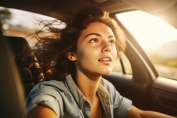 Fototapeta na wymiar Happy woman enjoying summer vacation on road trip, AI Generative