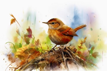 Watercolor painted wren bird on a white background. - obrazy, fototapety, plakaty