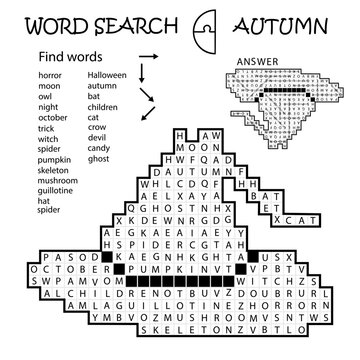 Word Search Crossword Puzzle. Witch Hat. Halloween. Find the listed words in the puzzle and cross them out. Printable black and white educational activity page. Worksheet. Game for kids, adults