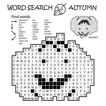 Word Search Crossword Puzzle. Pumpkin. Autumn. Find the listed words in the puzzle and cross them out. Printable black and white educational activity page. Worksheet. Game for kids, adults