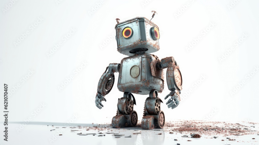 Poster on a white backdrop, an old-fashioned tin robot toy is isolated. made using generative ai tools