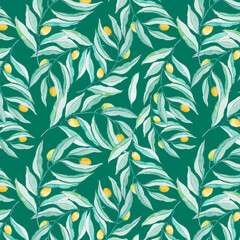 Modern green watercolor illustration with small colorful lemons and leaves pattern. Floral exotic print. Abstract tropical background. Lemon citrus texture background