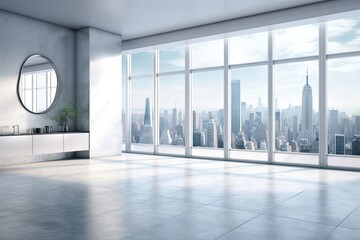 Modern, light-filled room with a cityscape in the backdrop. a mockup