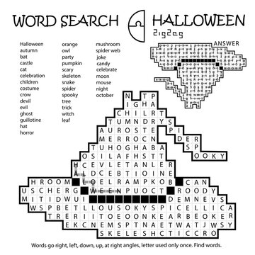 Zigzag Word Search Crossword Puzzle. Witch Hat. Halloween. Words go right, left, down, up, at right angles, letter used only once. Black, white educational page. Worksheet. Game for kids, adults