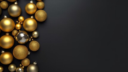 Top view of a yellow Christmas tree and ball pendants on a dark backdrop.