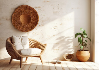 Wooden chair against stucco wall with wall decor. Rustic style interior design of modern living room. Created with generative AI