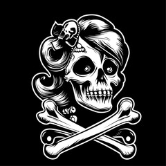 Female Skull with cross bones vector illustration, Woman Skull with hair and cross bone stock vector image, tattoo style skull and cross bone
