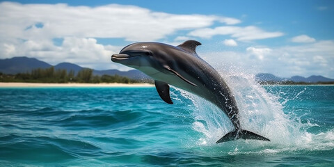 A dolphin jumps out of the sea near the shore of a tropical island. Generative AI
