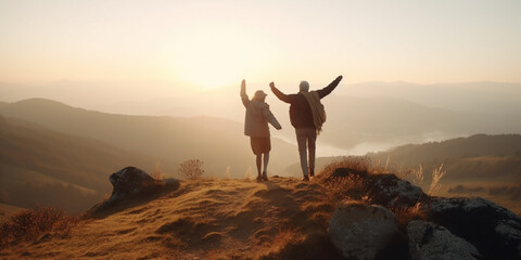 Elderly man and woman joyfully jump on the top of the mountain at sunrise or sunset, view from the back. Generative AI