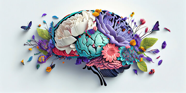 Image of the human brain framed by flowers. Generative AI