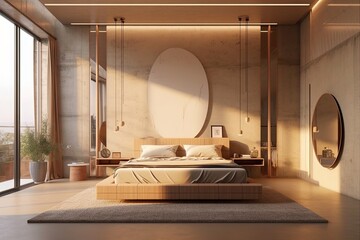 In the beige bedrooms interior, a bed on carpet, a sink, and a mirror can be seen in the distance. An empty light wall within the mockup copy area.