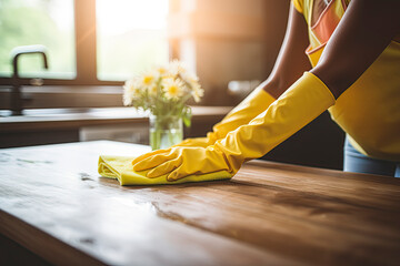 Woman hands in rubber gloves dusting wooden table, kitchen room interior. Cleaning home concept. - obrazy, fototapety, plakaty