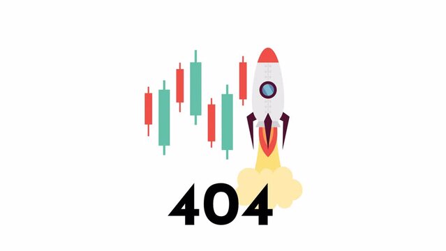 Stock market trends 404 error animation. Online trade error message gif, motion graphic. Trading candlesticks stocks with rocket take off animated object cartoon 4K video isolated on white background