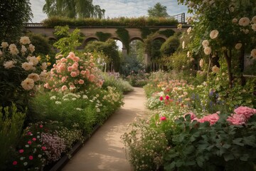 palace garden overflowing with pastel flowers, including roses and lilies, created with generative ai
