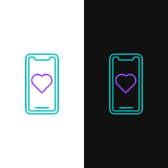 Line Mobile phone with heart icon isolated on white and black background. Valentines day. Colorful outline concept. Vector