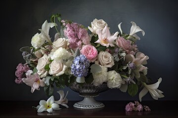 bouquet of pastel flowers in a silver vase, created with generative ai