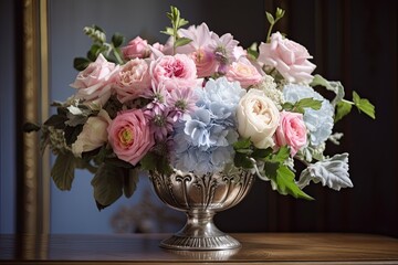 bouquet of pastel flowers in a silver vase, created with generative ai