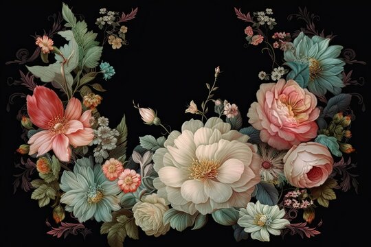 pastel flower bouquet on black background in vintage frame, created with generative ai