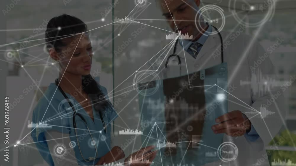 Poster animation of network of connections with data processing over diverse doctors