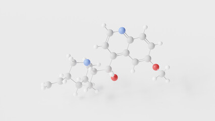 quinine molecule 3d, molecular structure, ball and stick model, structural chemical formula antimalarials