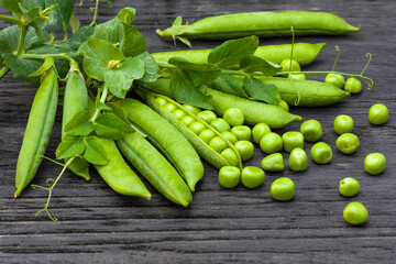 pods and grains of fresh green peas on a dark wooden background