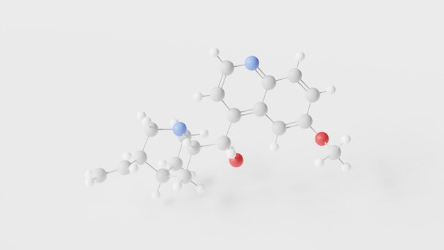 quinine molecule 3d, molecular structure, ball and stick model, structural chemical formula antimalarials