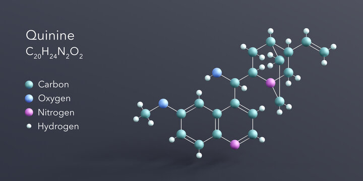 quinine molecule 3d rendering, flat molecular structure with chemical formula and atoms color coding