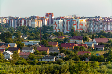 Panorama of Ivano-Frankivsk city in a summer evening with a view of the horizon