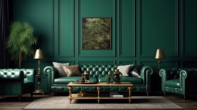 Green background for a living room. A wall of rich, dark green. furniture in an opulent atmosphere with green cabinets and gray couches