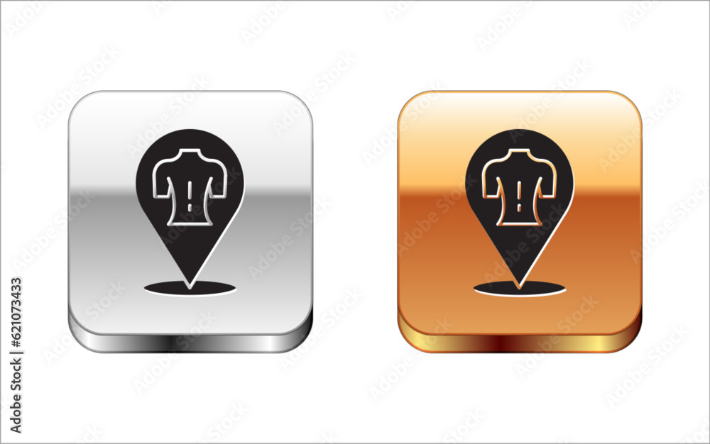 Poster Black Massage icon isolated on white background. Relaxing, leisure. Silver-gold square button. Vector